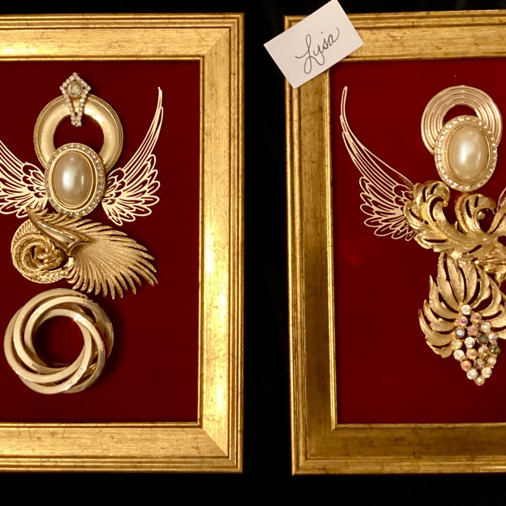 Sister angels, Lisa and Grace created from broken down Jewelry set on red velvet